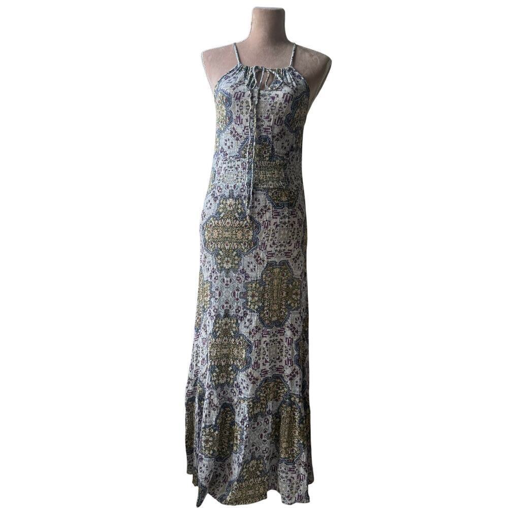 RAGA Boho Halter Maxi Dress Crinkle Viscose Festival Bohemian Medallion Hippie M